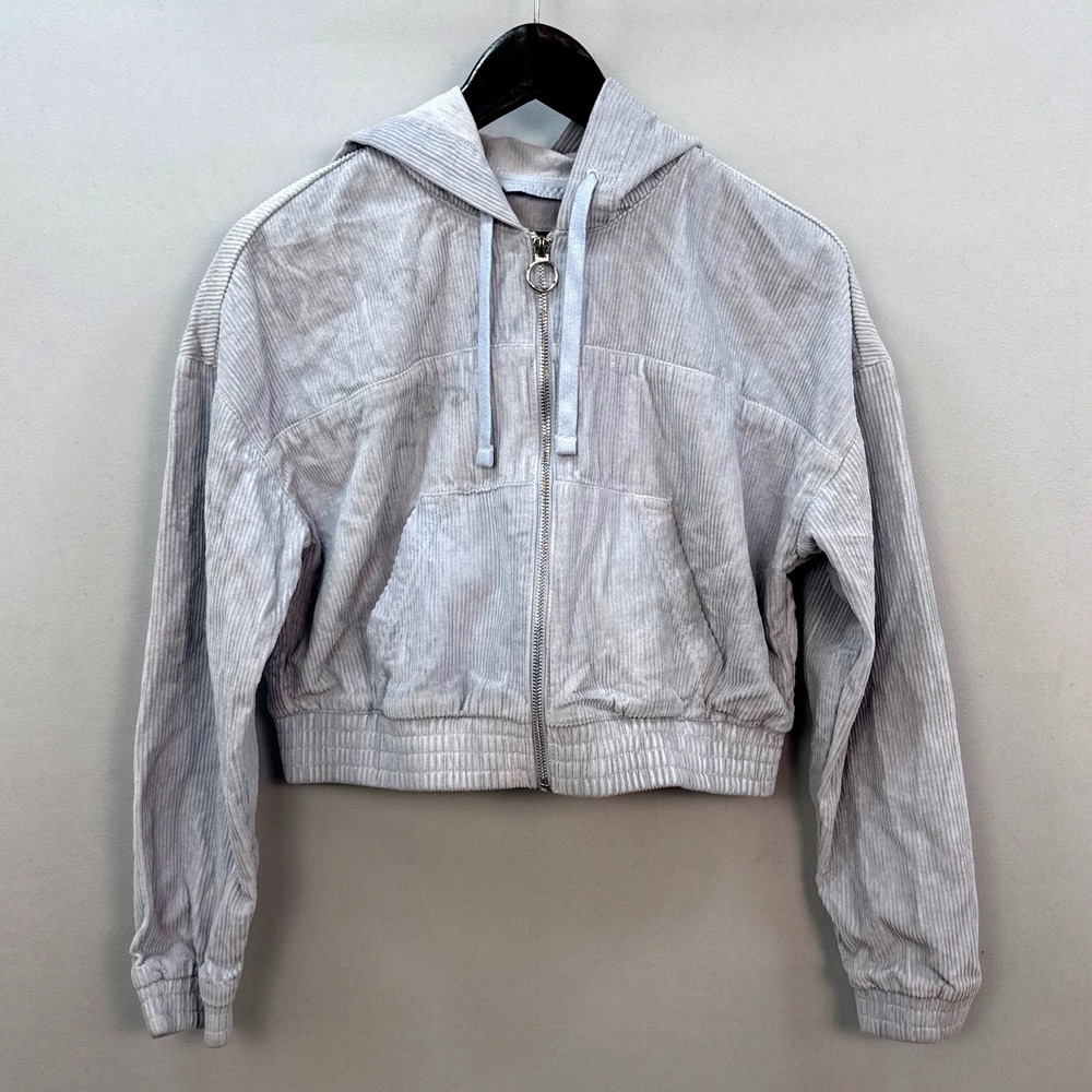 Hollister California Womens Small Blue Grey Corduroy Cropped Zip Up Hoodie